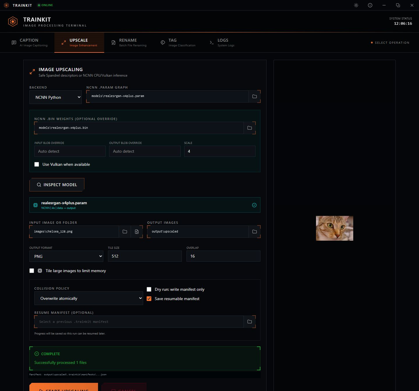TrainKit upscaling interface using the NCNN Real-ESRGAN x4plus model